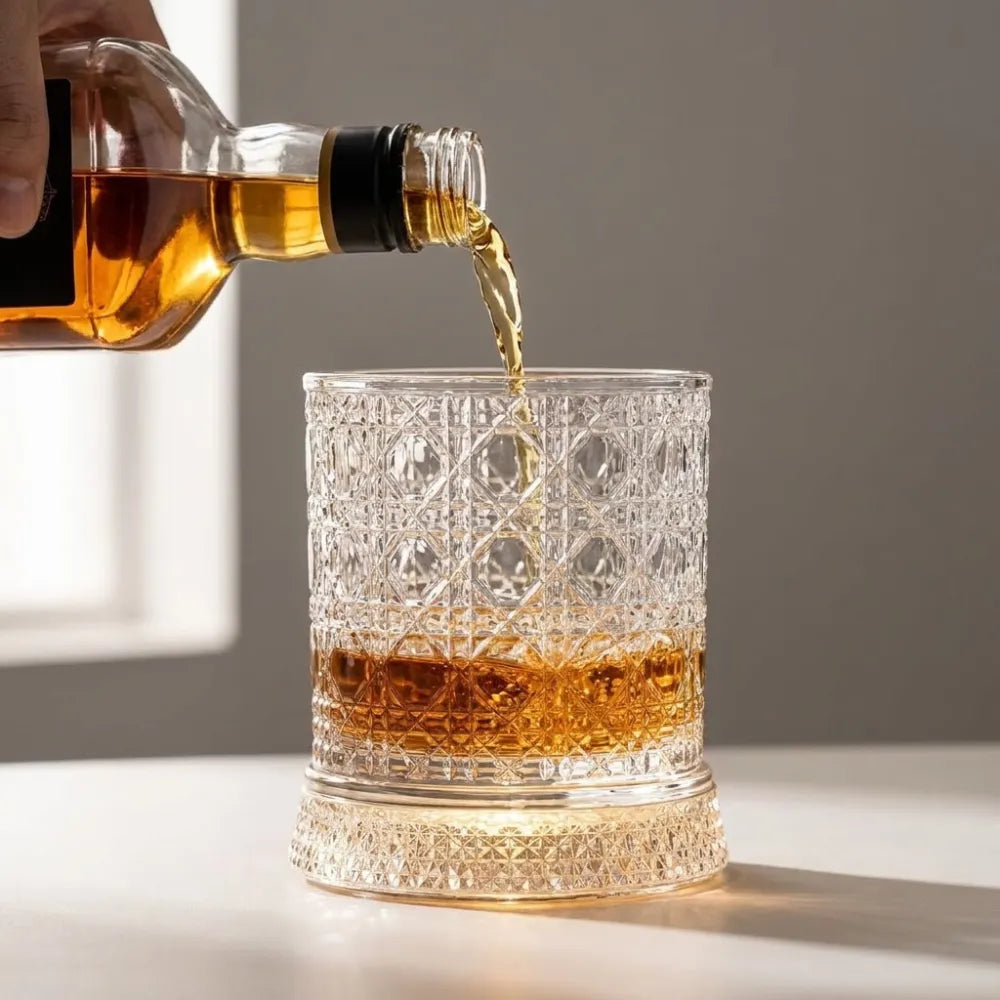 LED Rotating Whiskey Glasses 300ml – Pack of 2 | Crystal Cut 360° Spinning Rocks Glasses with LED Base for Whiskey, Scotch & Cocktails