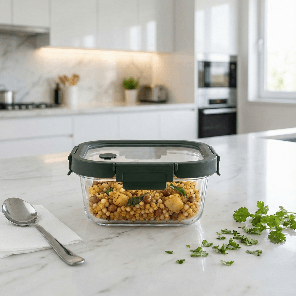 1100ml Square Borosilicate Glass Container | Oven-Safe with Vented Glass Lid