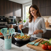 12-Piece Silicone Kitchen Utensil Set with Wooden Handles & Holder | Heat Resistant Non-Stick Cooking and Baking Tools