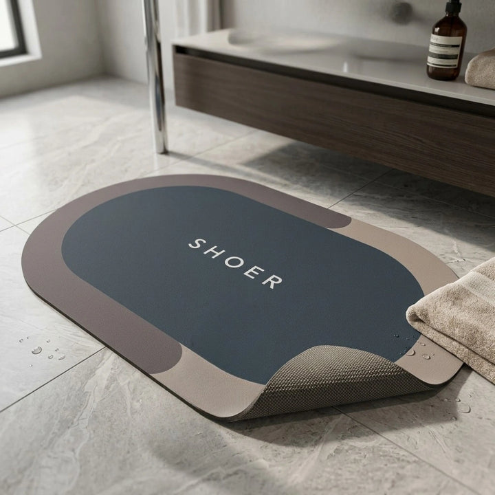 Modern Oval Anti-Slip Bathroom Floor Mat | Soft Absorbent Waterproof Door Rug for Bathroom, Bedroom & Entryway | Minimal Blue Home Decor Mat