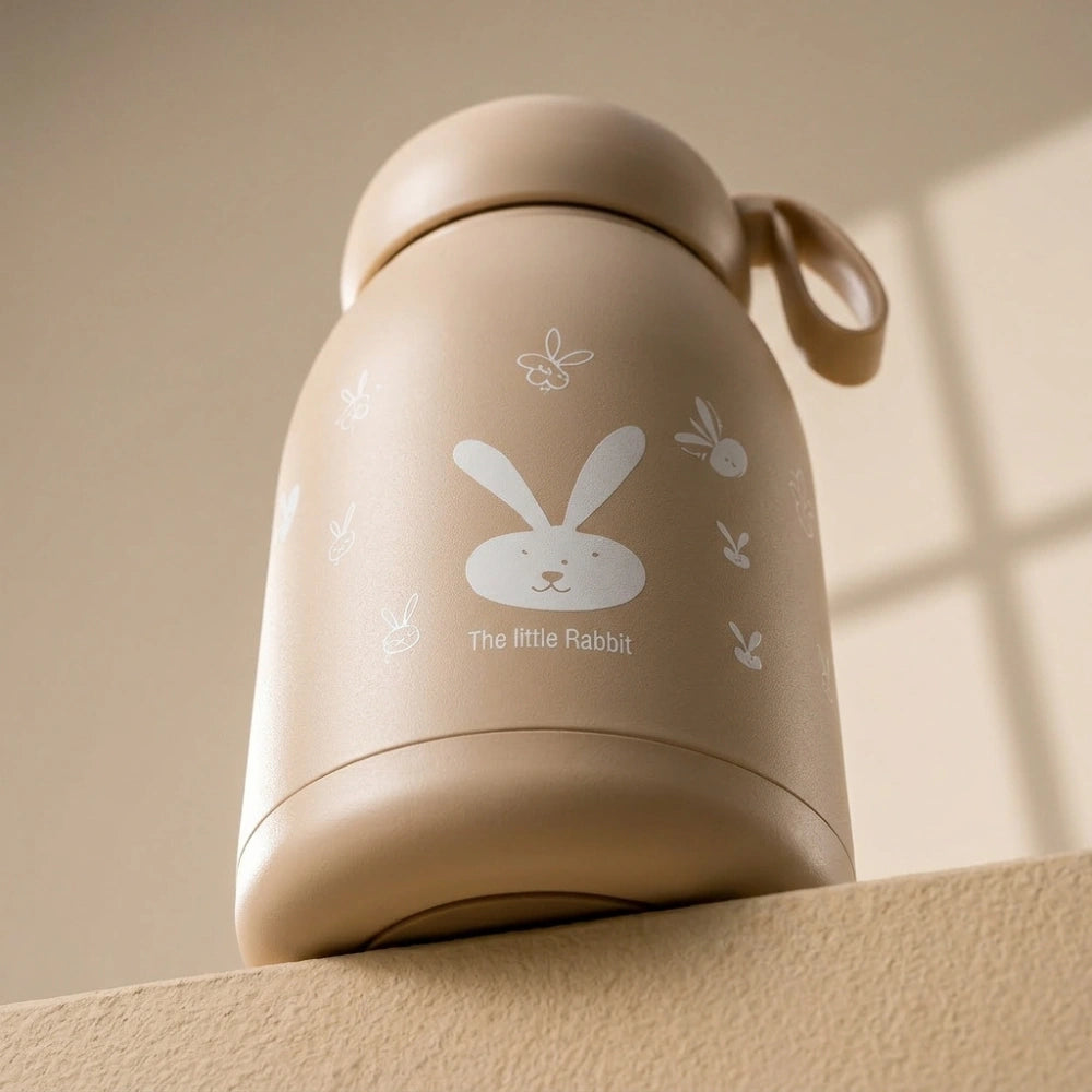 330ml Cute Bunny Water Bottle for Kids | Insulated Stainless Steel Sipper Bottle with Rabbit Print, Leakproof Vacuum Flask for School, Travel & Daily Use