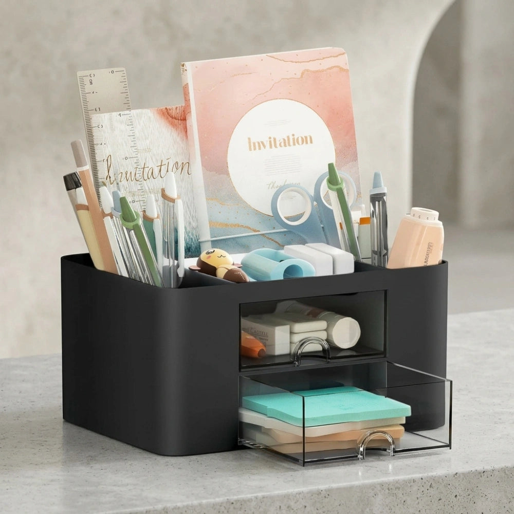 Multi-Functional Desk Organiser with 2 Drawers | Large Capacity Desktop Pen, Pencil & Stationery Storage Holder
