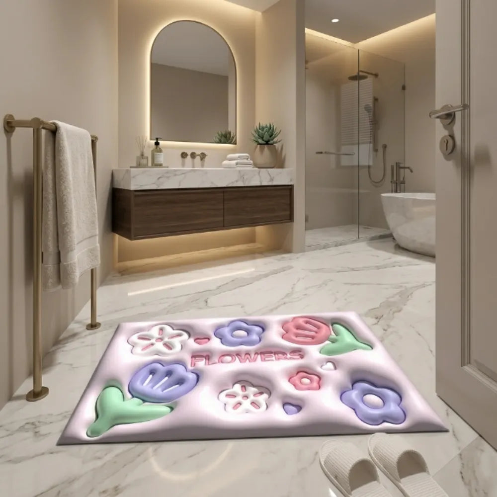 Cute 3D Flower Bathroom Floor Mat | Soft Non-Slip Absorbent Bath Rug Kawaii Floral Decorative Washable Door Mat