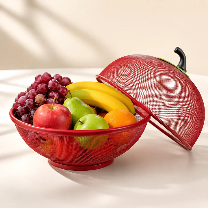 Apple Shape Fruit Basket with Lid Net Cover | Large Stainless Steel Food Storage Basket for Fruits & Vegetables, Protective Mesh Cover for Kitchen & Dining