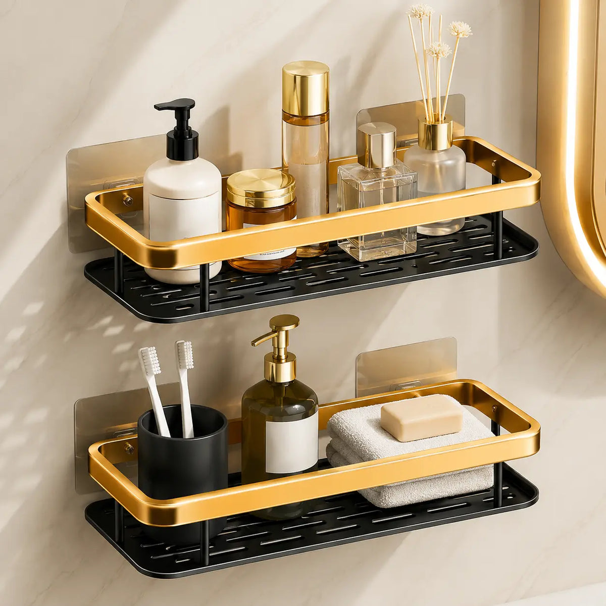 Bathroom Organizer Wall Mount Self Rack Black & Gold Aluminium Storage, Pack of 2