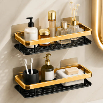 Bathroom Organizer Wall Mount Self Rack Black & Gold Aluminium Storage, Pack of 2