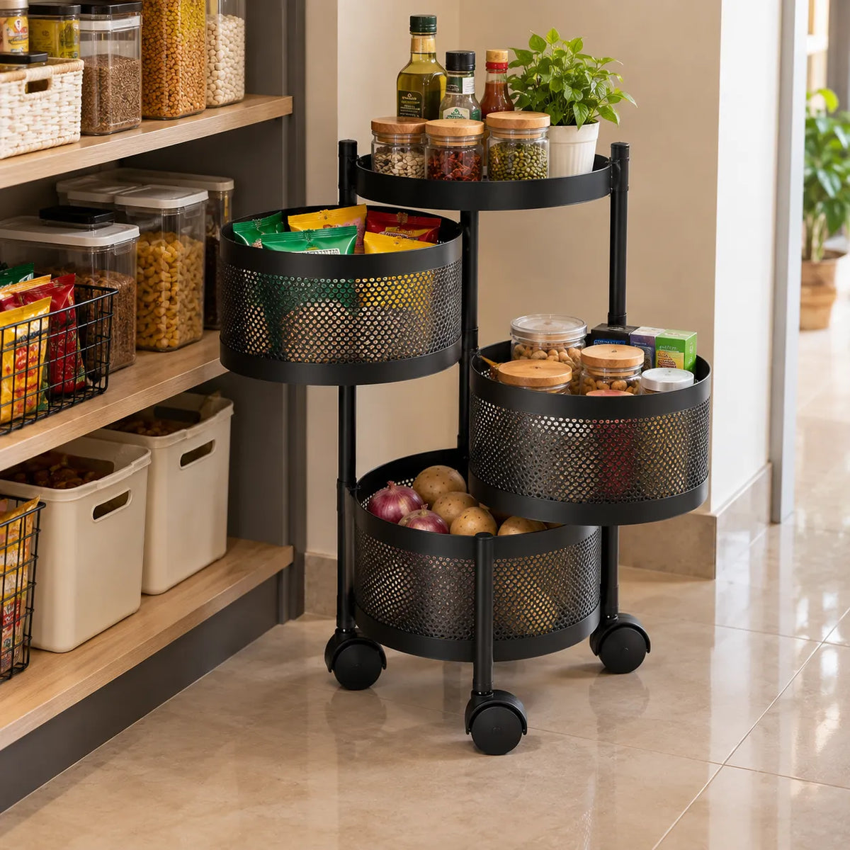 3-Layer Round Multipurpose Storage Trolley with Wheels | Rotating Organizer for Home & Office