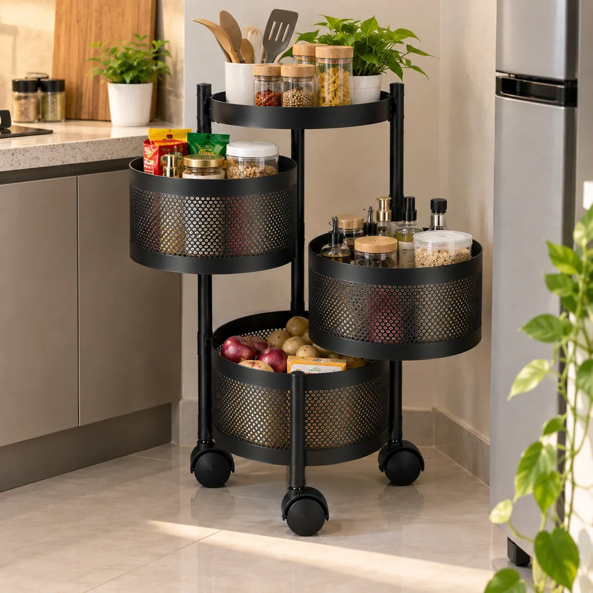 3-Layer Round Multipurpose Storage Trolley with Wheels | Rotating Organizer for Home & Office
