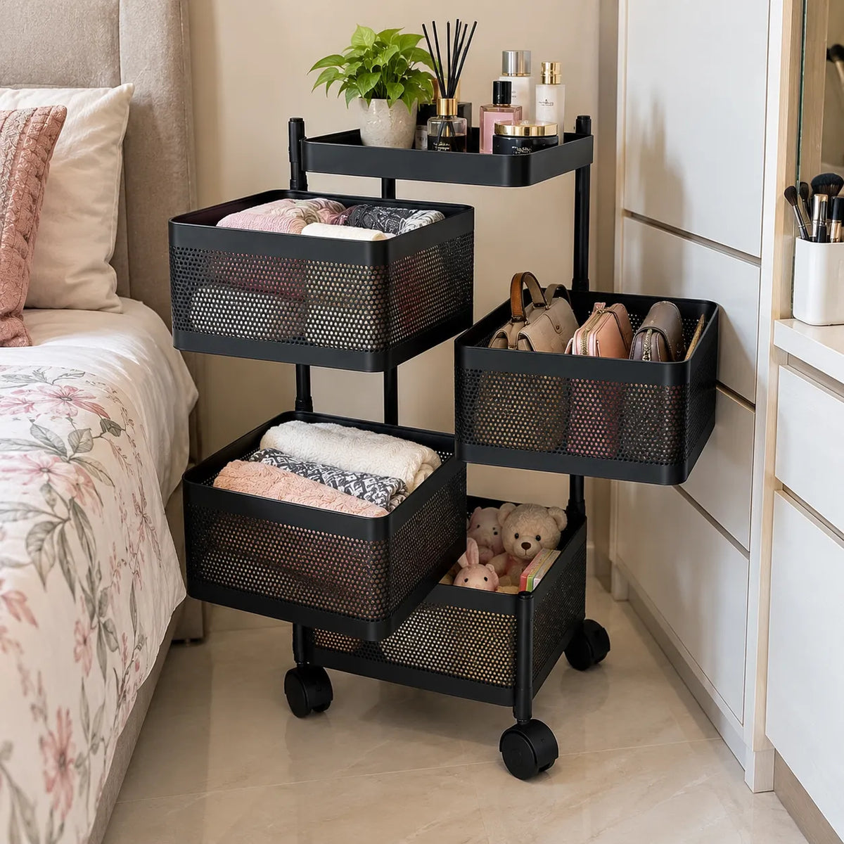 4-Layer Square Multipurpose Storage Trolley with Wheels | Rotating Organizer for Home & Office