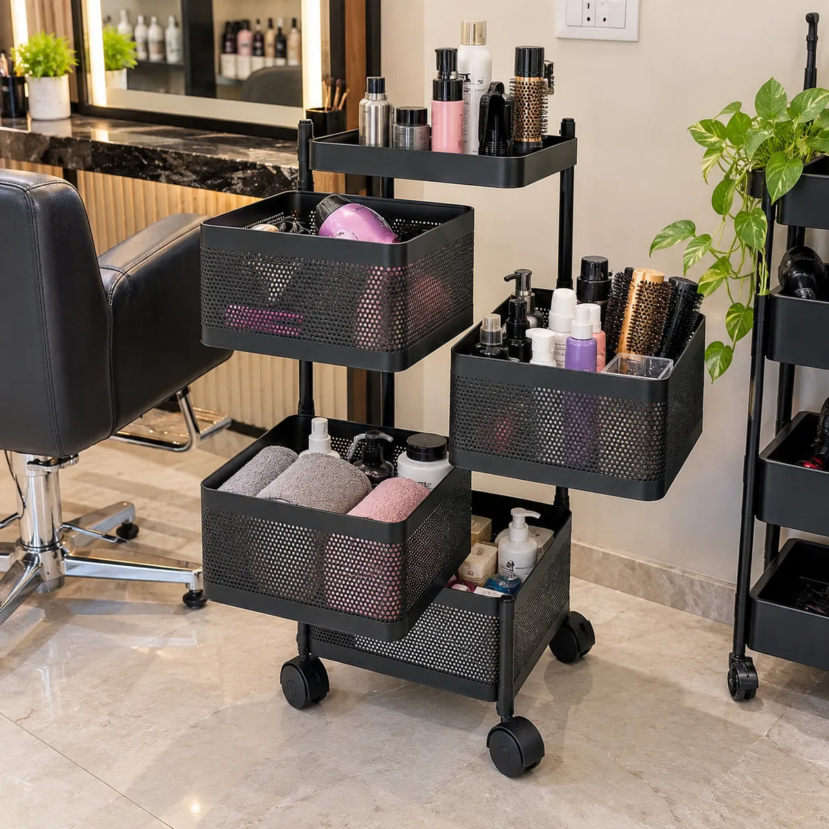 4-Layer Square Multipurpose Storage Trolley with Wheels | Rotating Organizer for Home & Office
