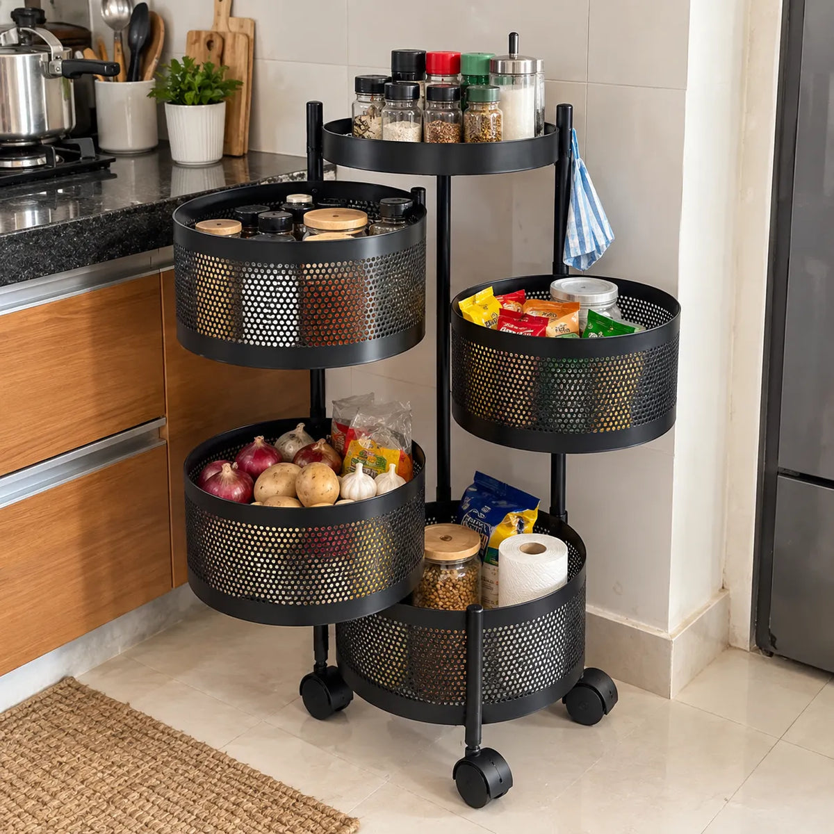 4-Layer Round Multipurpose Storage Trolley with Wheels | Rotating Organizer for Home & Office