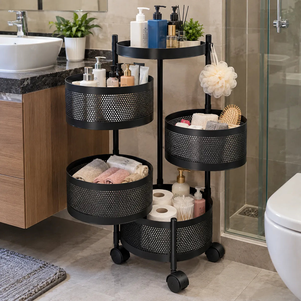 4-Layer Round Multipurpose Storage Trolley with Wheels | Rotating Organizer for Home & Office