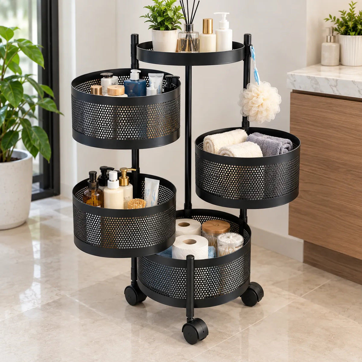 4-Layer Round Multipurpose Storage Trolley with Wheels | Rotating Organizer for Home & Office