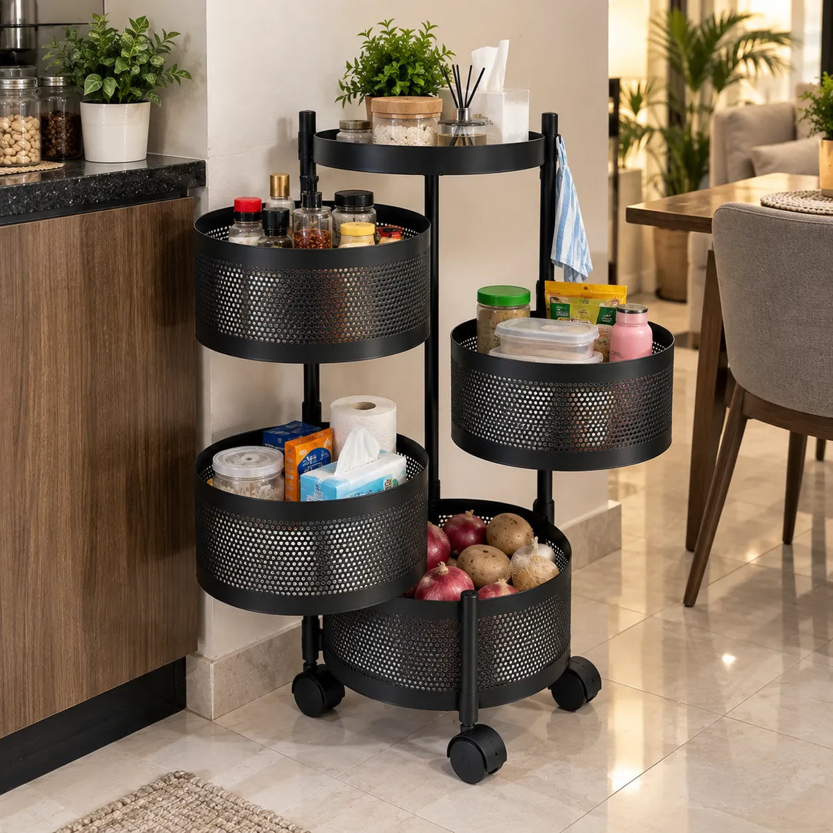 4-Layer Round Multipurpose Storage Trolley with Wheels | Rotating Organizer for Home & Office