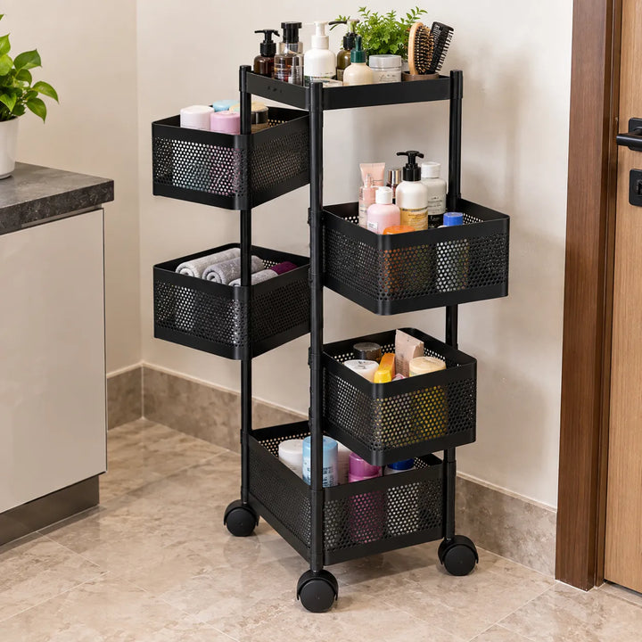 5-Layer Square Multipurpose Storage Trolley with Wheels | Rotating Organizer for Home & Office