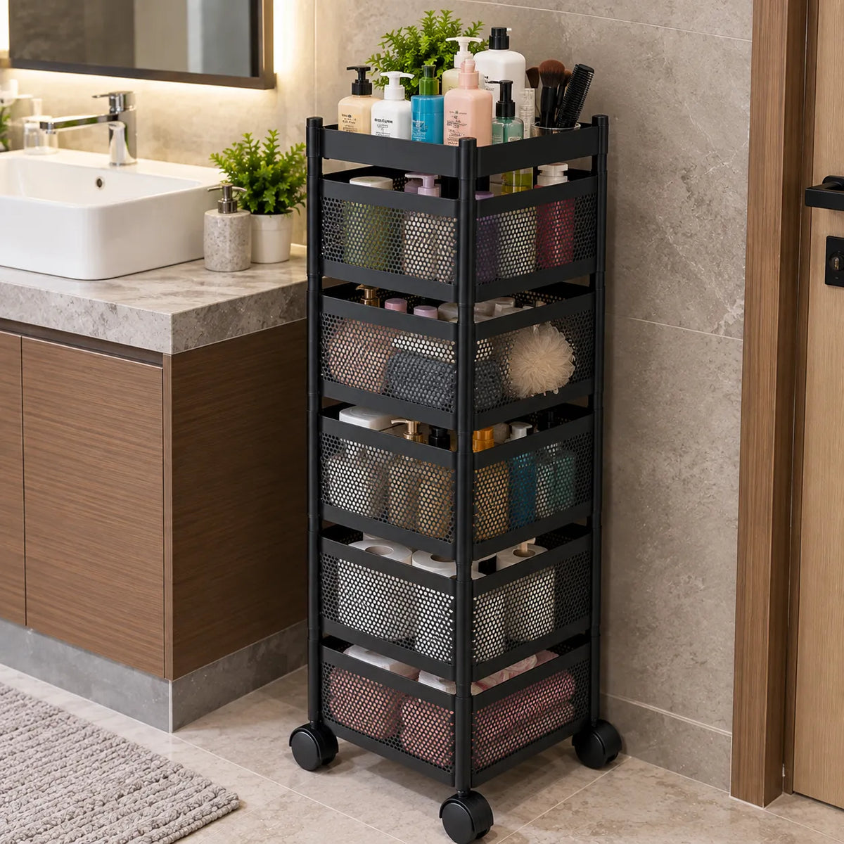 5-Layer Square Multipurpose Storage Trolley with Wheels | Rotating Organizer for Home & Office