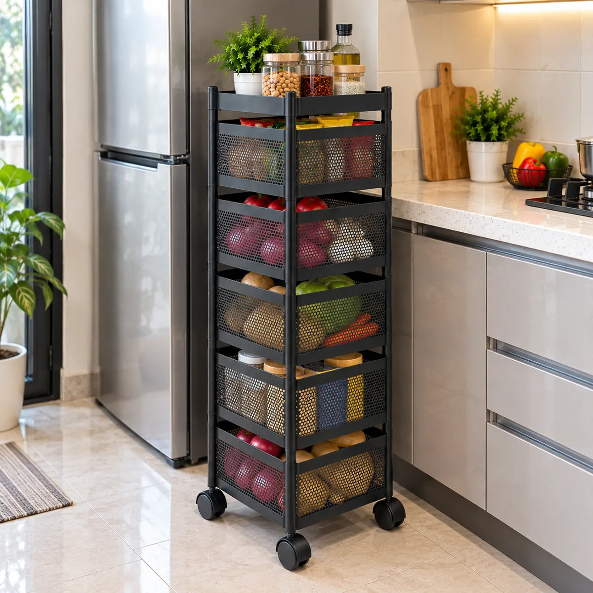 5-Layer Square Multipurpose Storage Trolley with Wheels | Rotating Organizer for Home & Office