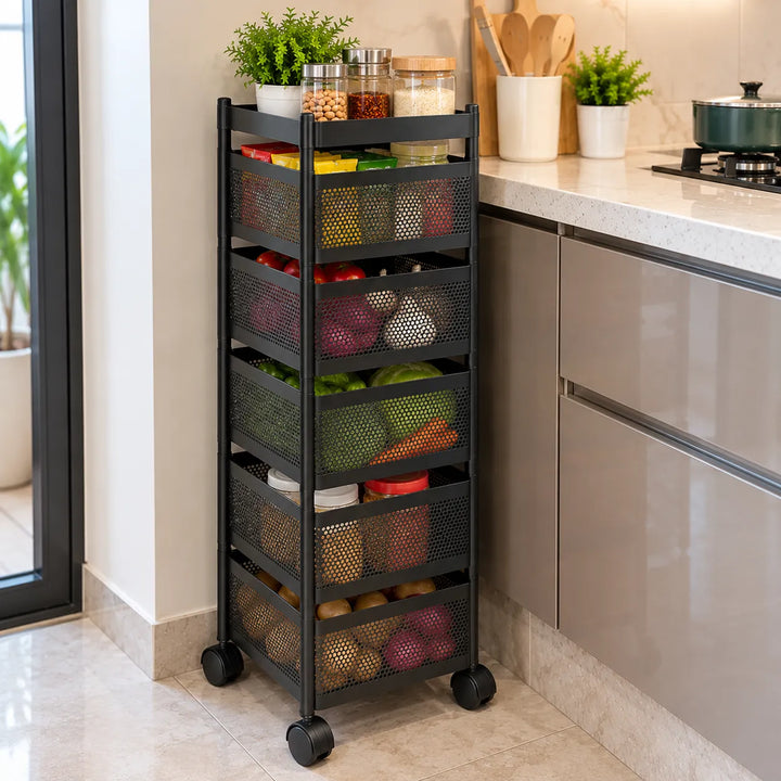 5-Layer Square Multipurpose Storage Trolley with Wheels | Rotating Organizer for Home & Office