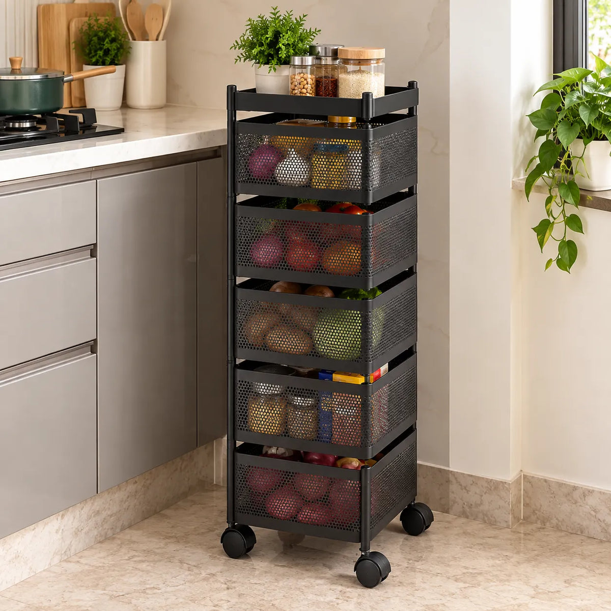 5-Layer Square Multipurpose Storage Trolley with Wheels | Rotating Organizer for Home & Office