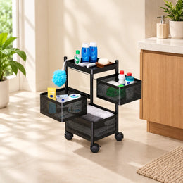 3-Layer Square Multipurpose Storage Trolley with Wheels | Rotating Organizer for Home & Office