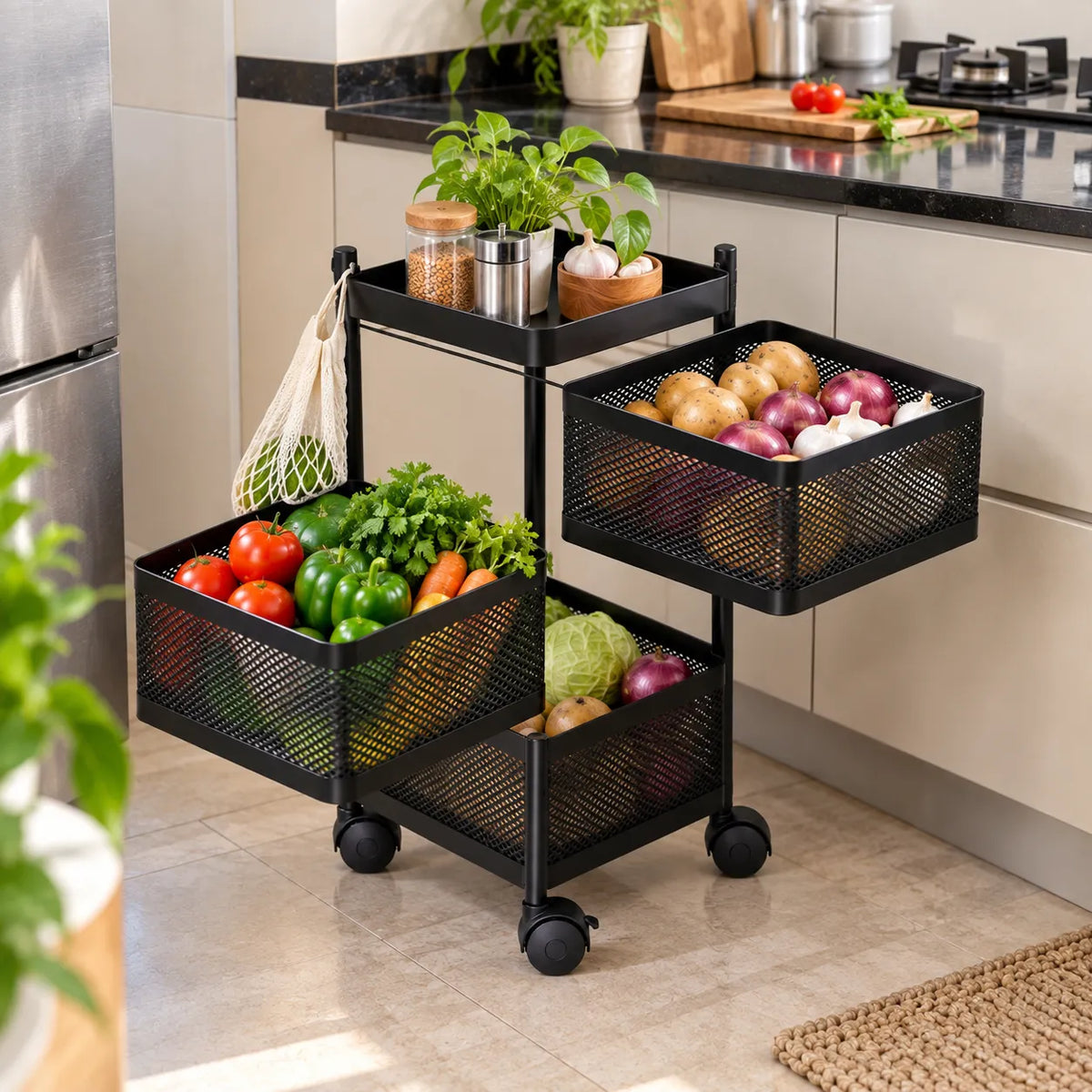 3-Layer Square Multipurpose Storage Trolley with Wheels | Rotating Organizer for Home & Office