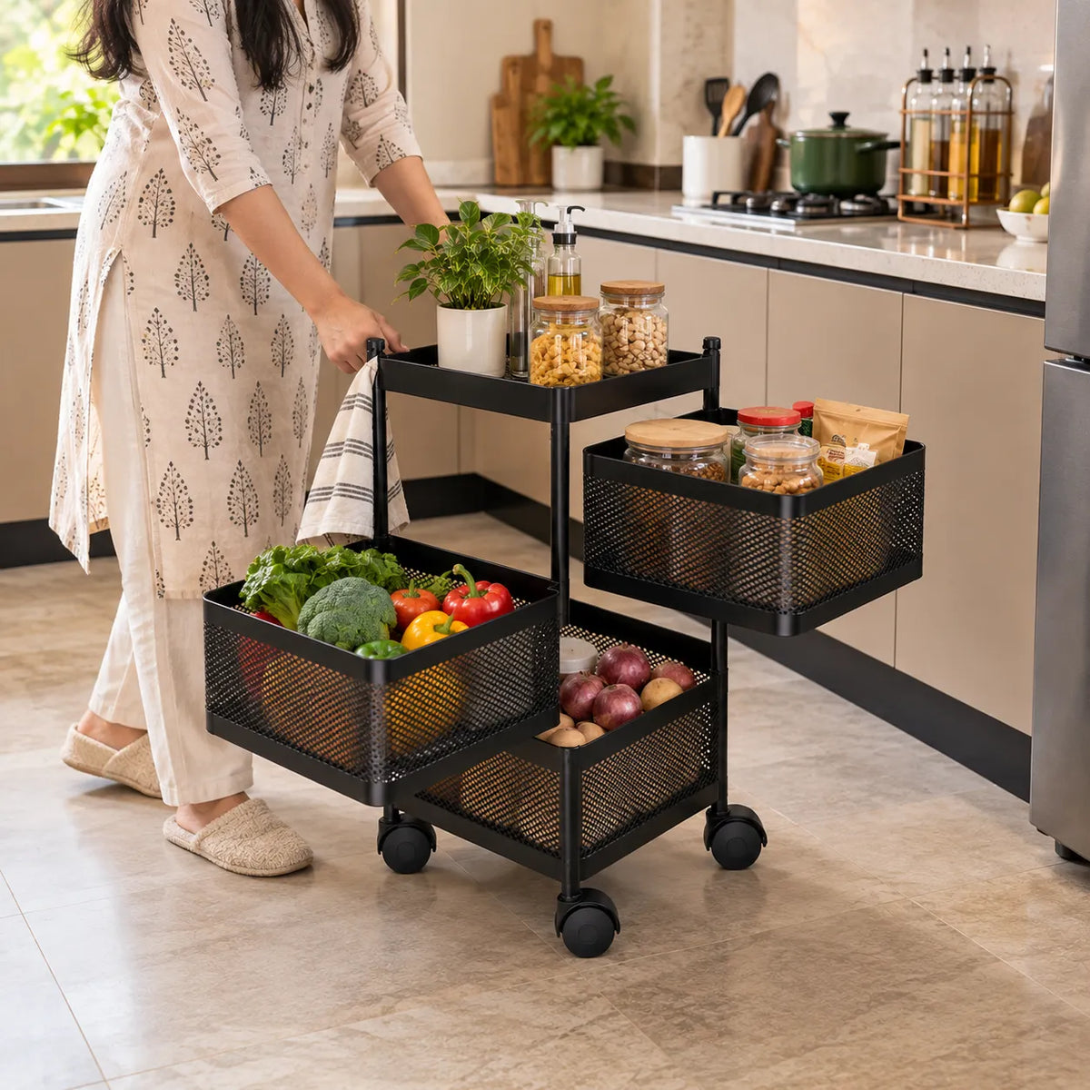 3-Layer Square Multipurpose Storage Trolley with Wheels | Rotating Organizer for Home & Office
