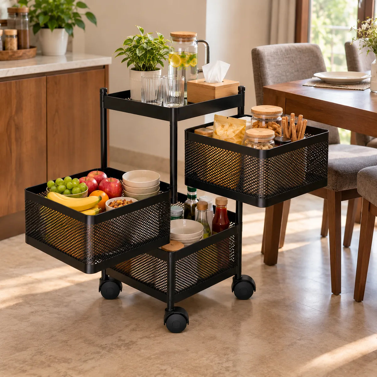 3-Layer Square Multipurpose Storage Trolley with Wheels | Rotating Organizer for Home & Office