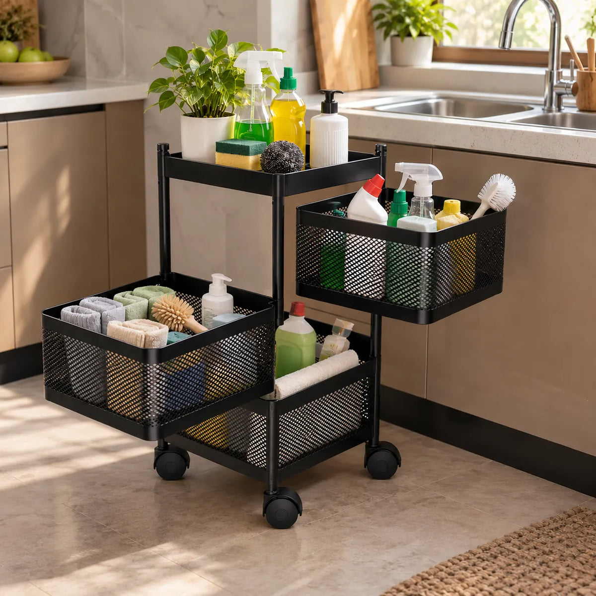 3-Layer Square Multipurpose Storage Trolley with Wheels | Rotating Organizer for Home & Office