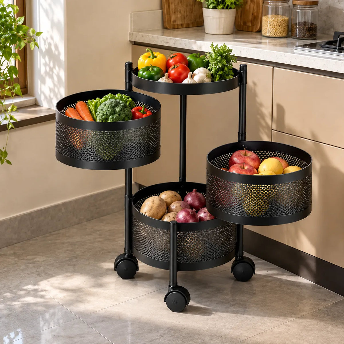 3-Layer Round Multipurpose Storage Trolley with Wheels | Rotating Organizer for Home & Office