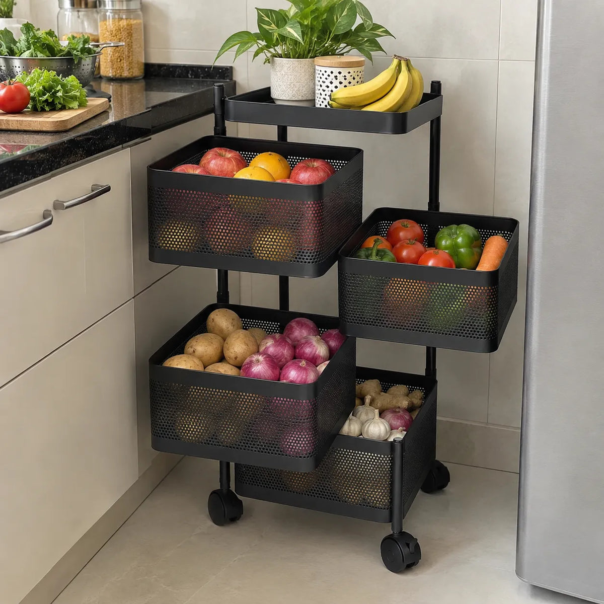 4-Layer Square Multipurpose Storage Trolley with Wheels | Rotating Organizer for Home & Office