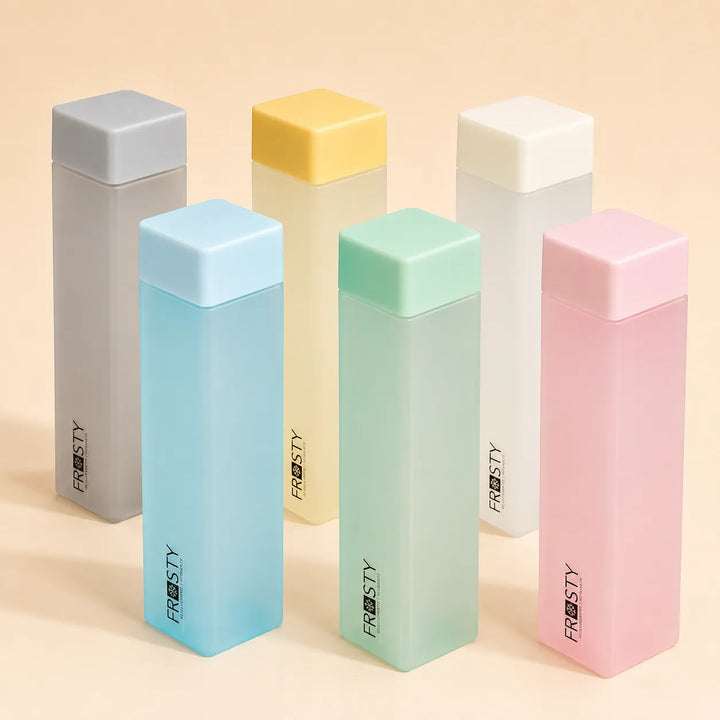 6PCS Square Plastic Water Bottle Set | Slim Flat Frosted Reusable Water Bottles | Multicolour Drink Bottles for Office, Gym & Travel
