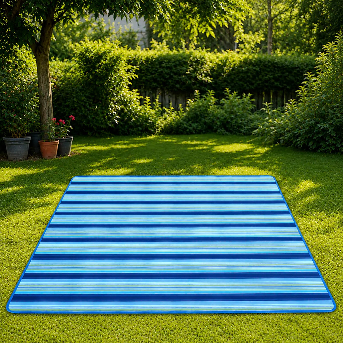 Foldable Beach & Picnic Mat 150×180cm | Waterproof Outdoor Blanket with Carry Handle | Blue Striped Camping & Travel Mat