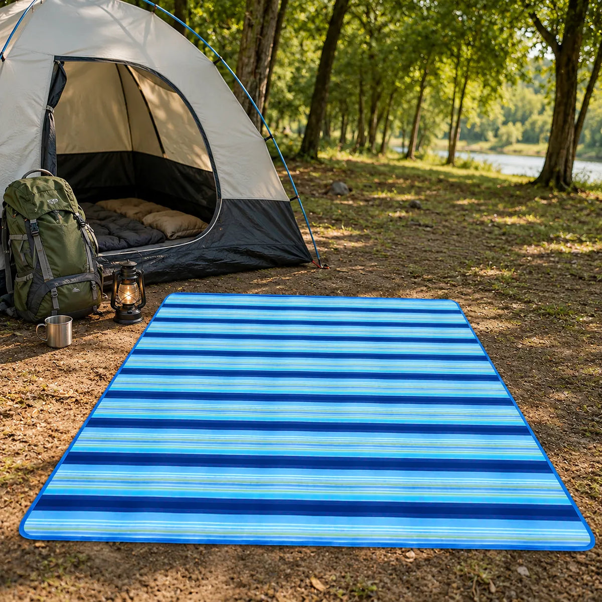 Foldable Beach & Picnic Mat 150×180cm | Waterproof Outdoor Blanket with Carry Handle | Blue Striped Camping & Travel Mat