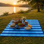Foldable Beach & Picnic Mat 150×180cm | Waterproof Outdoor Blanket with Carry Handle | Blue Striped Camping & Travel Mat