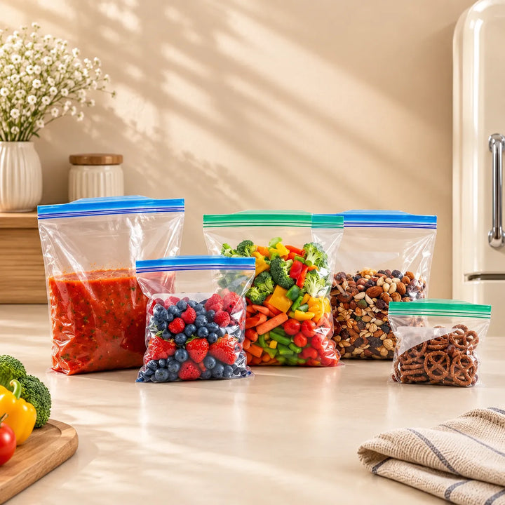 Reusable Zipper Storage Bags for Kitchen, Ideal for Fruits, Vegetables & Snacks