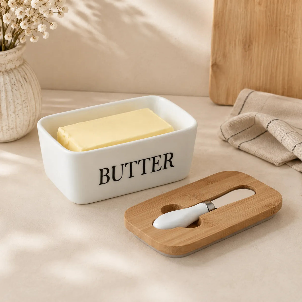Ceramic Butter Dish With Lid & Knife – Airtight Butter Keeper Container with Silicone Seal for Countertop & Refrigerator