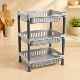 3-Layer Plastic Kitchen Storage Basket Rack | Multipurpose Tiered Organizer for Vegetables, Fruits, Snacks & Grocery Storage