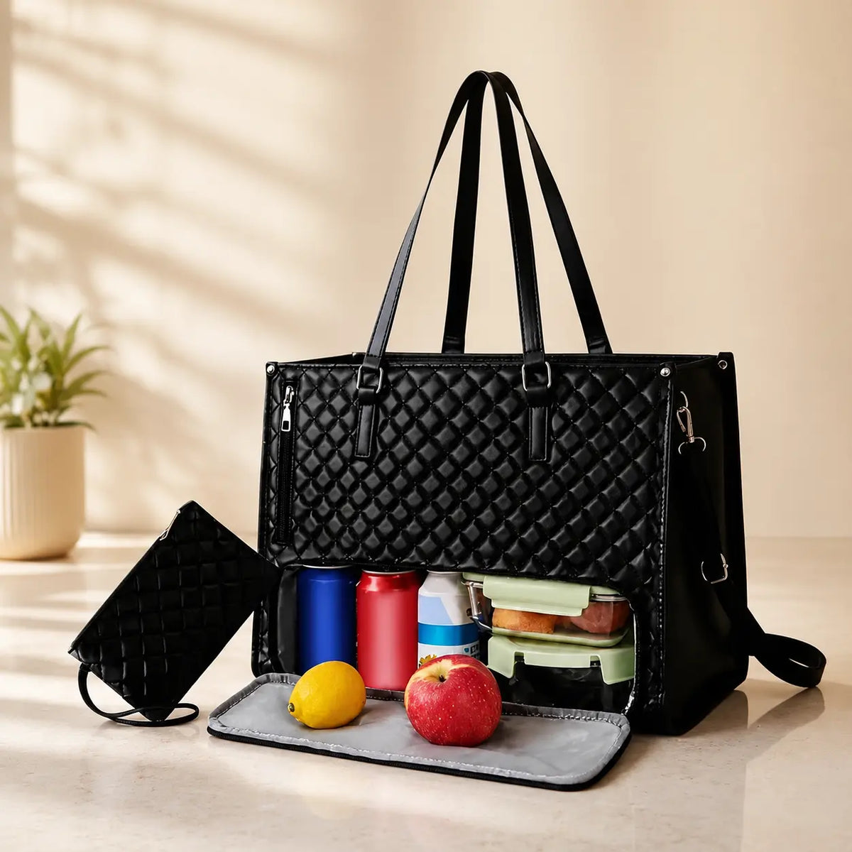 Elegant Laptop Tote Bag with Insulated Lunch Compartment | Stylish Quilted Work Shoulder Bag for Women, Office & Travel