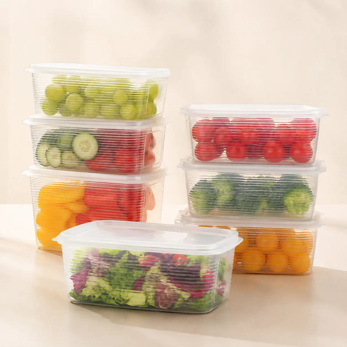 Fridge Storage Containers (Set of 6) with Draining Basket 1800ml | Stackable Airtight Food Organizer Boxes