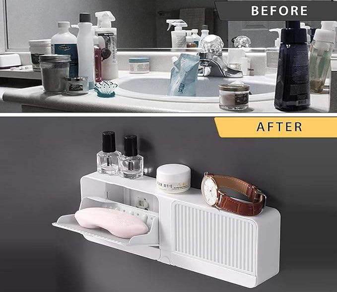 2-in-1 Wall Mounted Soap Holder with Hooks | Self Draining No Drill Soap Dish