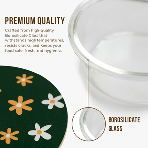 400ml Compact Round Borosilicate Glass Bowl | Artistic Printed Lid for Snacks & Dips