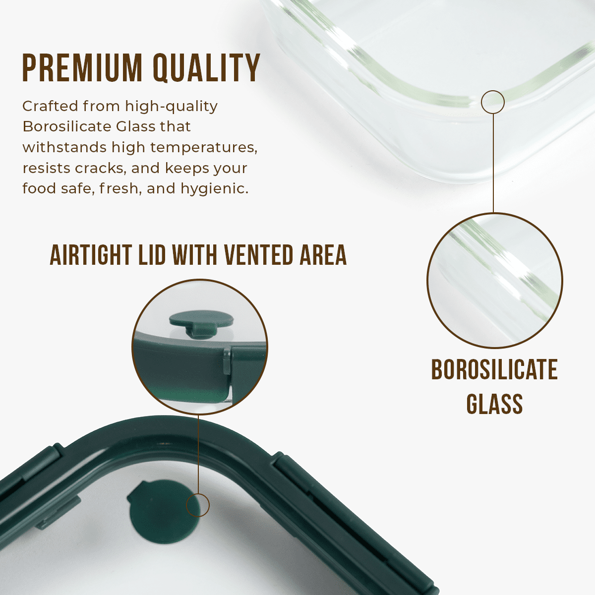 800ml Premium Square Borosilicate Glass Container | Vented Glass Lid Fresh-Air Circulation
