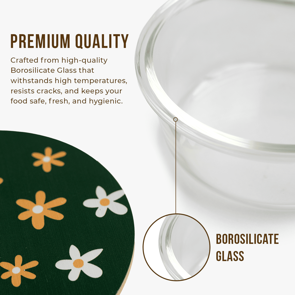 650ml Round Borosilicate Glass Food Bowl | Aesthetic Printed Lid for Stylish Storage