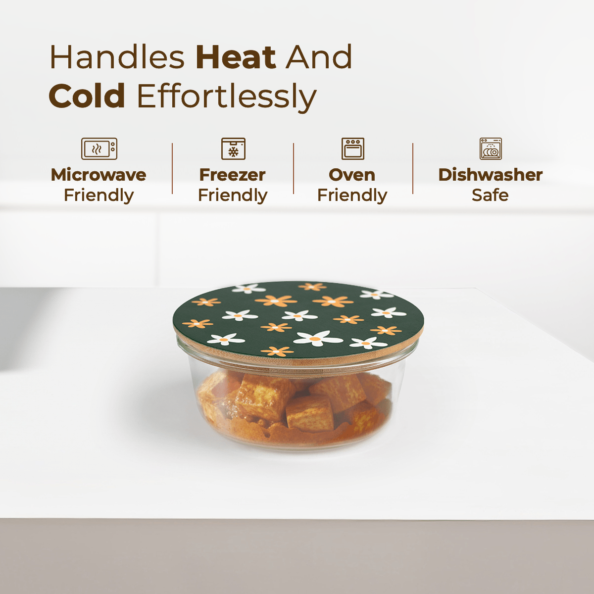 400ml Compact Round Borosilicate Glass Bowl | Artistic Printed Lid for Snacks & Dips