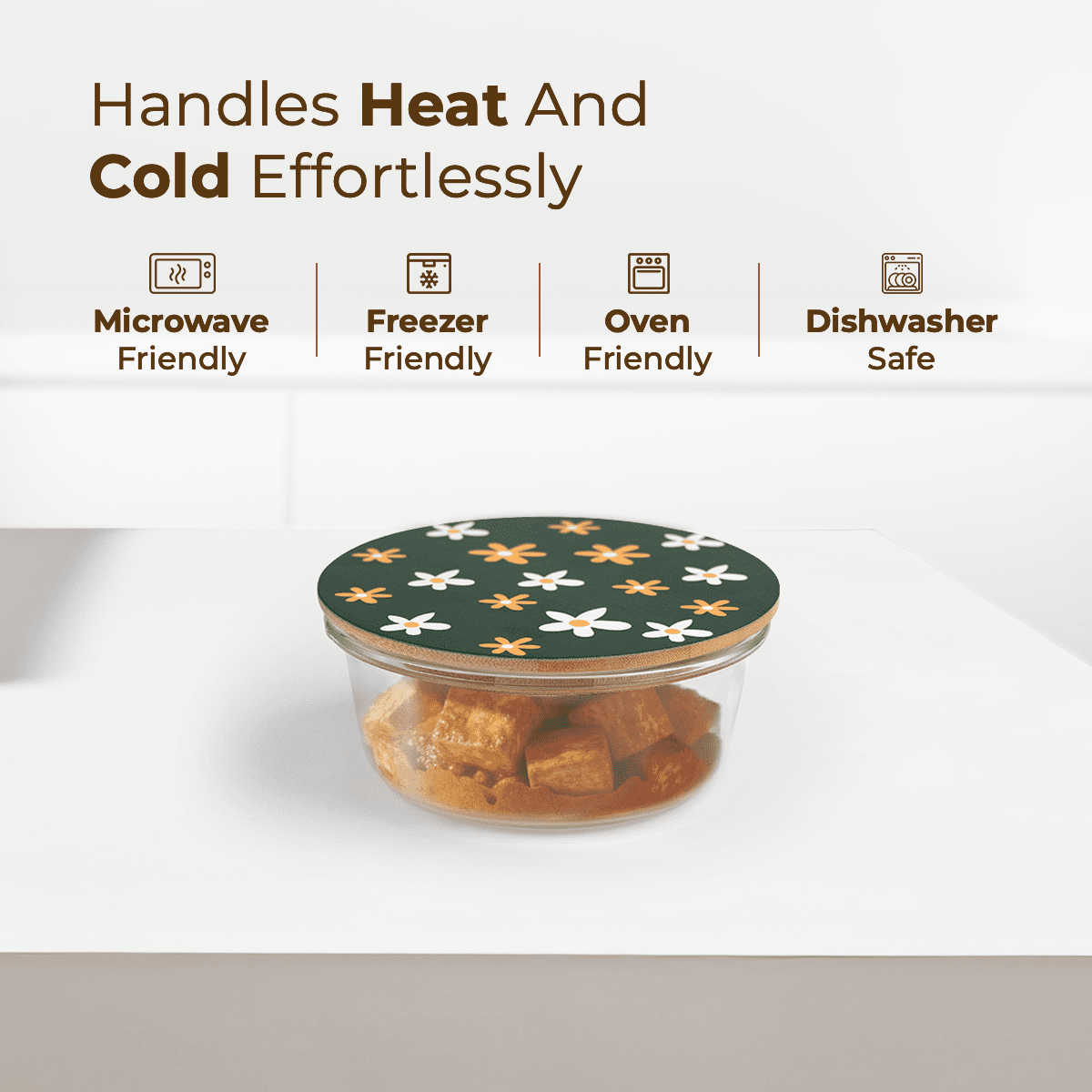 650ml Round Borosilicate Glass Food Bowl | Aesthetic Printed Lid for Stylish Storage