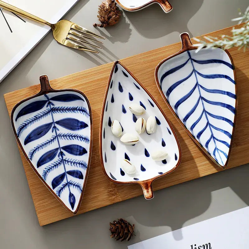 Leaf Design Ceramic Serving Dish | Multi-Compartment Snack & Sushi Plate