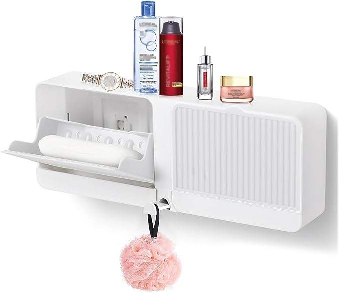 2-in-1 Wall Mounted Soap Holder with Hooks | Self Draining No Drill Soap Dish