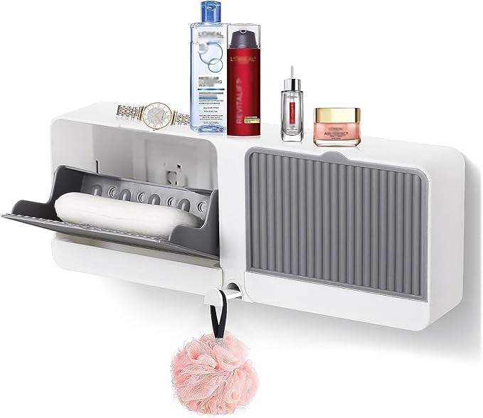 2-in-1 Wall Mounted Soap Holder with Hooks | Self Draining No Drill Soap Dish