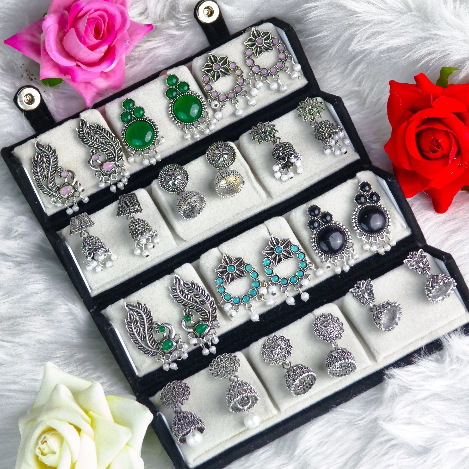 12-Piece Oxidized Silver Ethnic Earring Set | Tribal Jhumka & Dangle Collection