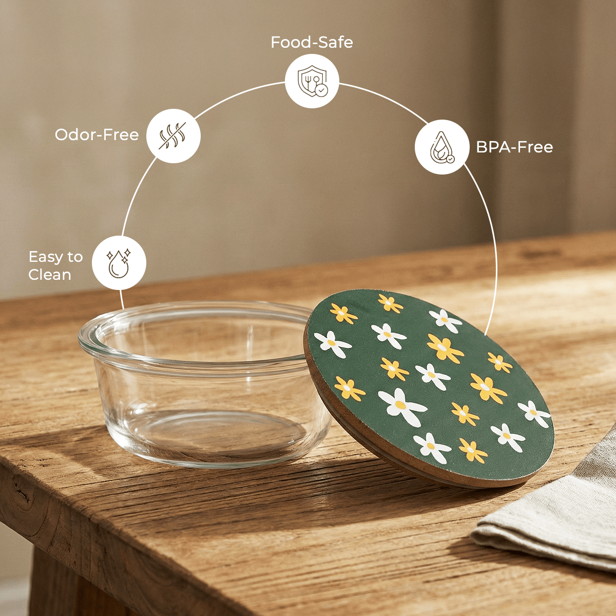 650ml Round Borosilicate Glass Food Bowl | Aesthetic Printed Lid for Stylish Storage
